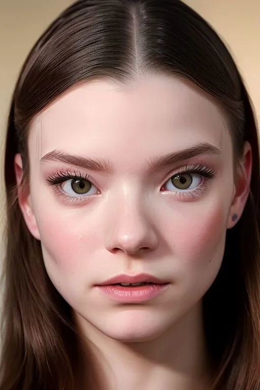 Close-up portrait of a young woman with green eyes and smooth skin generated by AI using stable diffusion.
