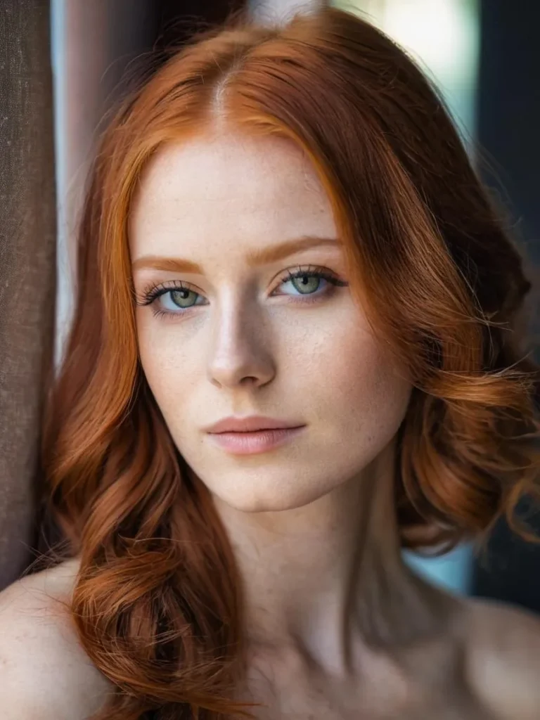 A close-up portrait of an AI generated red-haired woman with wavy hair, soft makeup, and a gentle expression.