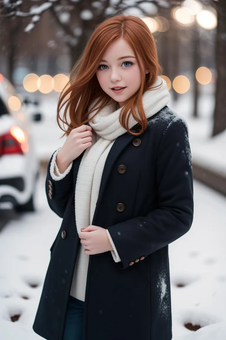 AI generated image of a red-haired woman wearing a black winter coat and white scarf, standing outdoors with snow around and bokeh lights in the background, created using Stable Diffusion.