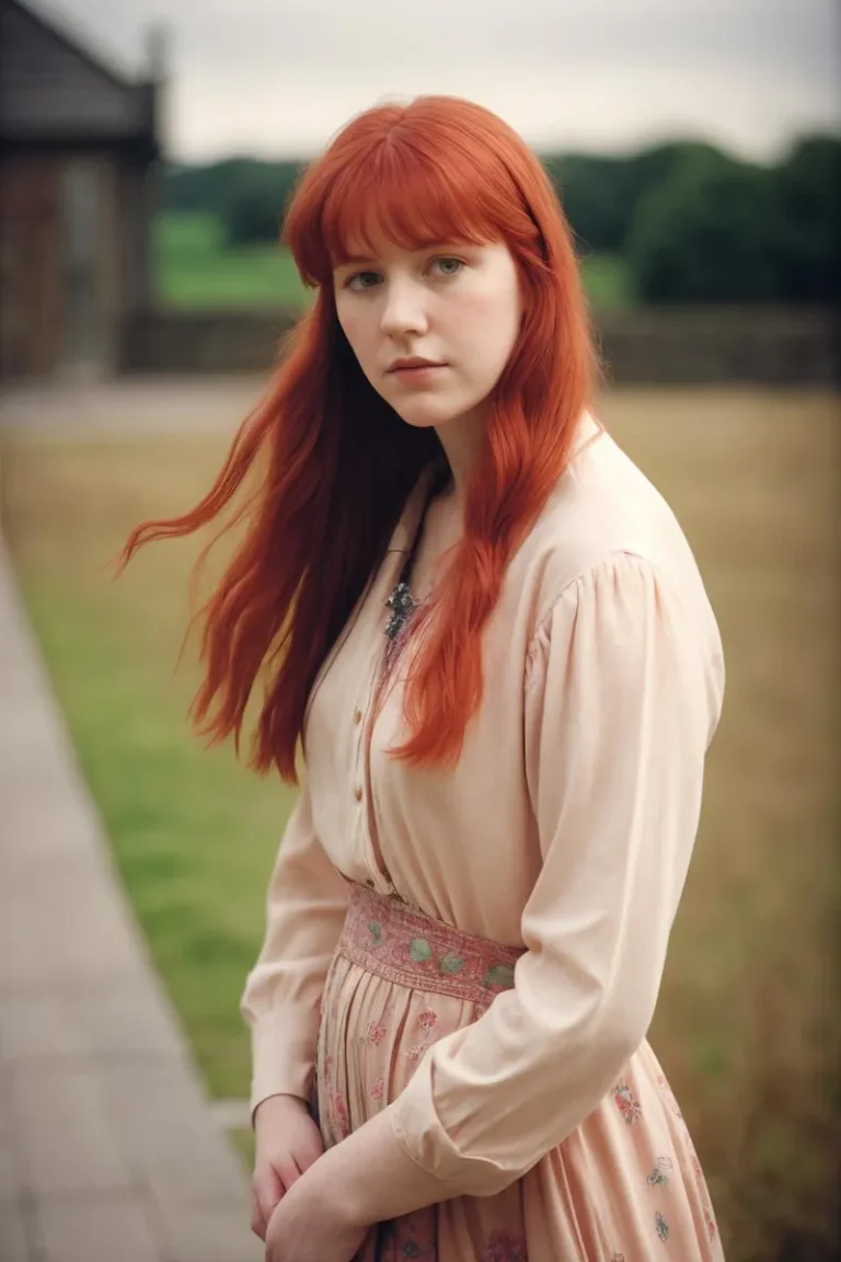 A red-haired woman in a peach-colored vintage dress standing outside, focusing on her face. This is an AI generated image using Stable Diffusion.