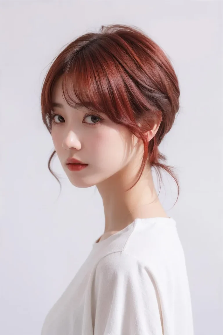 AI generated image using stable diffusion of a young woman with red hair in a bob hairstyle looking sideways with a neutral expression, wearing a white shirt, set against a light grey background.
