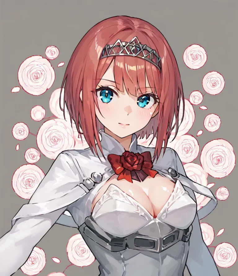 AI generated image of a red-haired anime girl with blue eyes wearing a tiara and white dress with a rose on her chest, surrounded by white flowers.