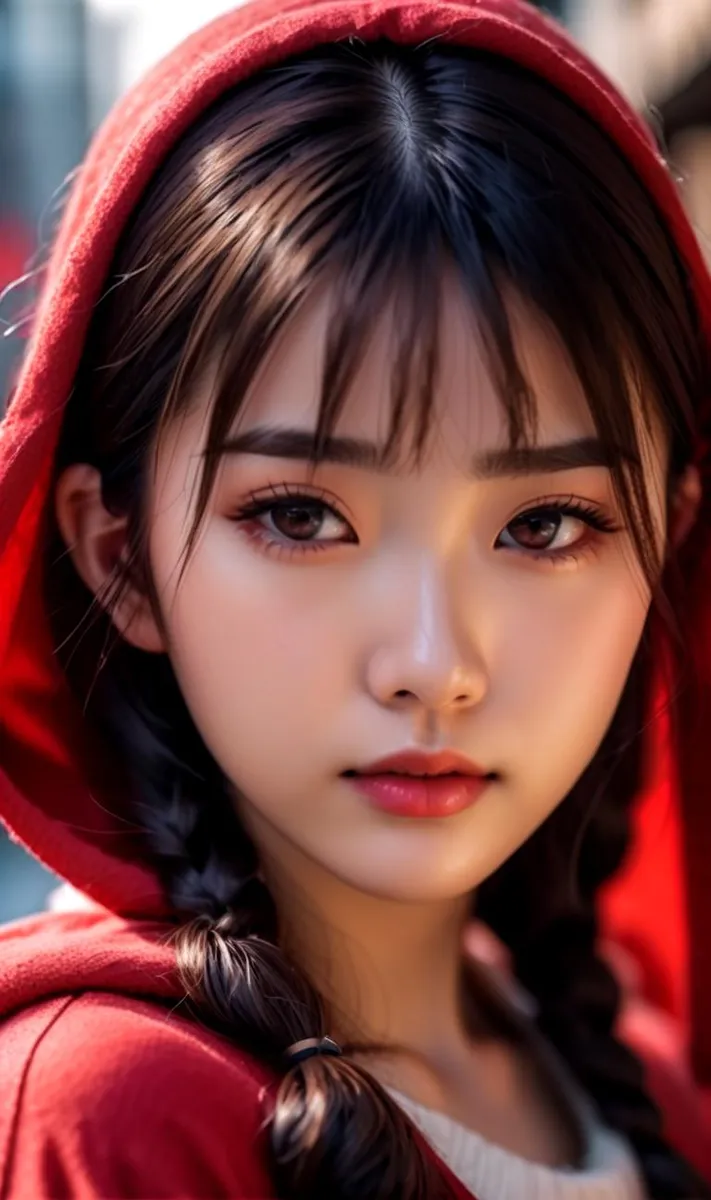 AI generated image of a young woman with long dark hair in braids, wearing a red hood. Focuses on her delicate facial features and soft makeup.