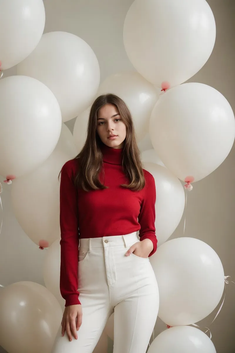 A woman in a red turtleneck sweater standing among large white balloons. AI generated image using stable diffusion.