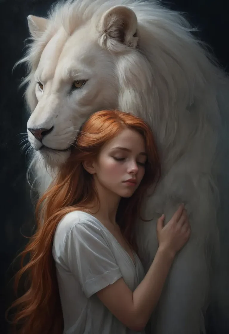 AI generated image of a serene red-haired woman gently embracing a majestic white lion using Stable Diffusion.