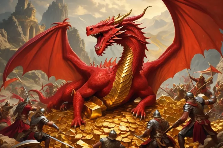 A striking red dragon with golden scales fiercely protecting its hoard of gold in a medieval battlefield, created using Stable Diffusion.