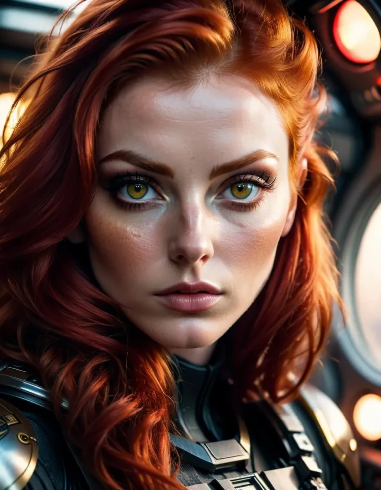 Close-up of a redhead woman with striking yellow eyes wearing futuristic armor, created by AI with Stable Diffusion.