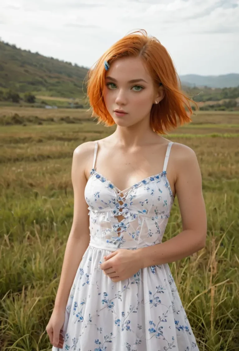 AI generated image of a redhead woman in a flowery dress standing in a country landscape, created using Stable Diffusion.