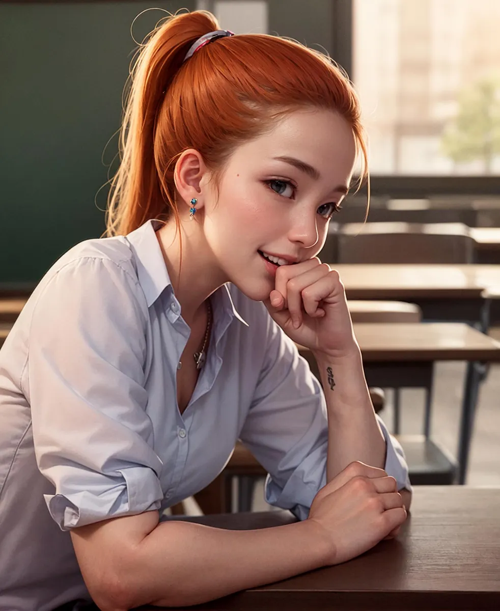 A redhead girl with a ponytail and blue earrings in a school classroom, generated using stable diffusion.