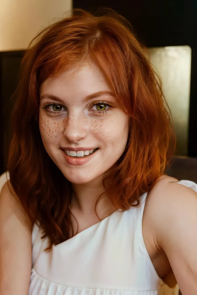 A close-up portrait of a young woman with red hair and green eyes. She has a warm smile and a natural look with light makeup. This is an ai generated image using stable diffusion.