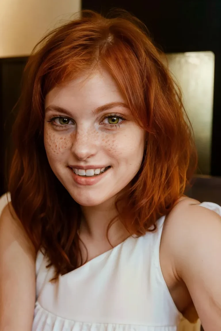 A close-up portrait of a young woman with red hair and green eyes. She has a warm smile and a natural look with light makeup. This is an AI generated image using stable diffusion.