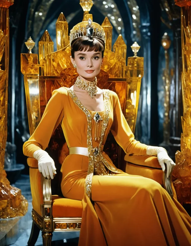 AI generated image using Stable Diffusion of a regal woman in an ornate golden dress and jewelry, sitting on a crystal-studded golden throne.