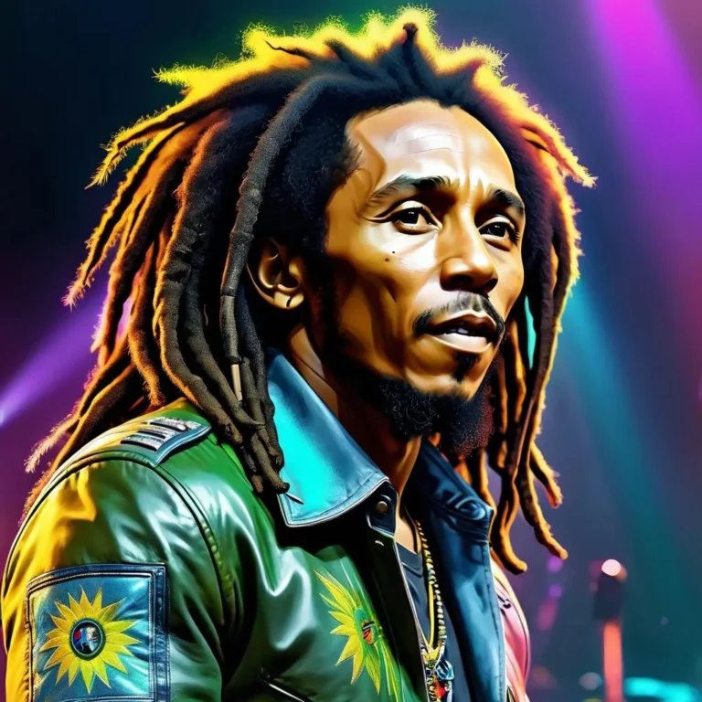 A vibrant AI-generated image of a reggae musician with dreadlocks, wearing a green leather jacket with colorful patches, set against a vivid, colorful background created using Stable Diffusion.