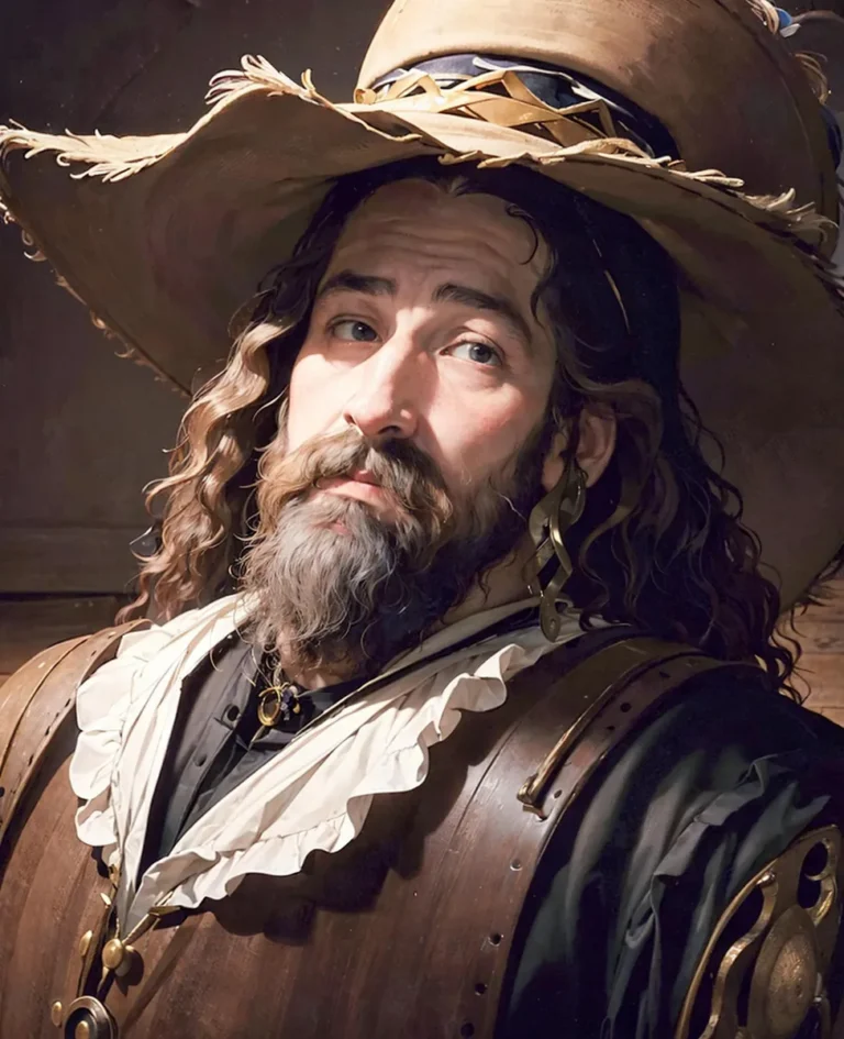 A detailed Renaissance man portrait created using Stable Diffusion. The man is wearing a beige wide-brimmed hat with decorative elements, a white ruffled collar, and a leather armor. He has long curly hair and a beard, with a serious expression.