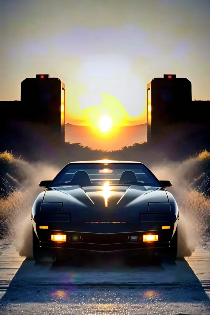 A retro sports car on a country road, approaching in a dramatic sunset, ai-generated image using stable diffusion.