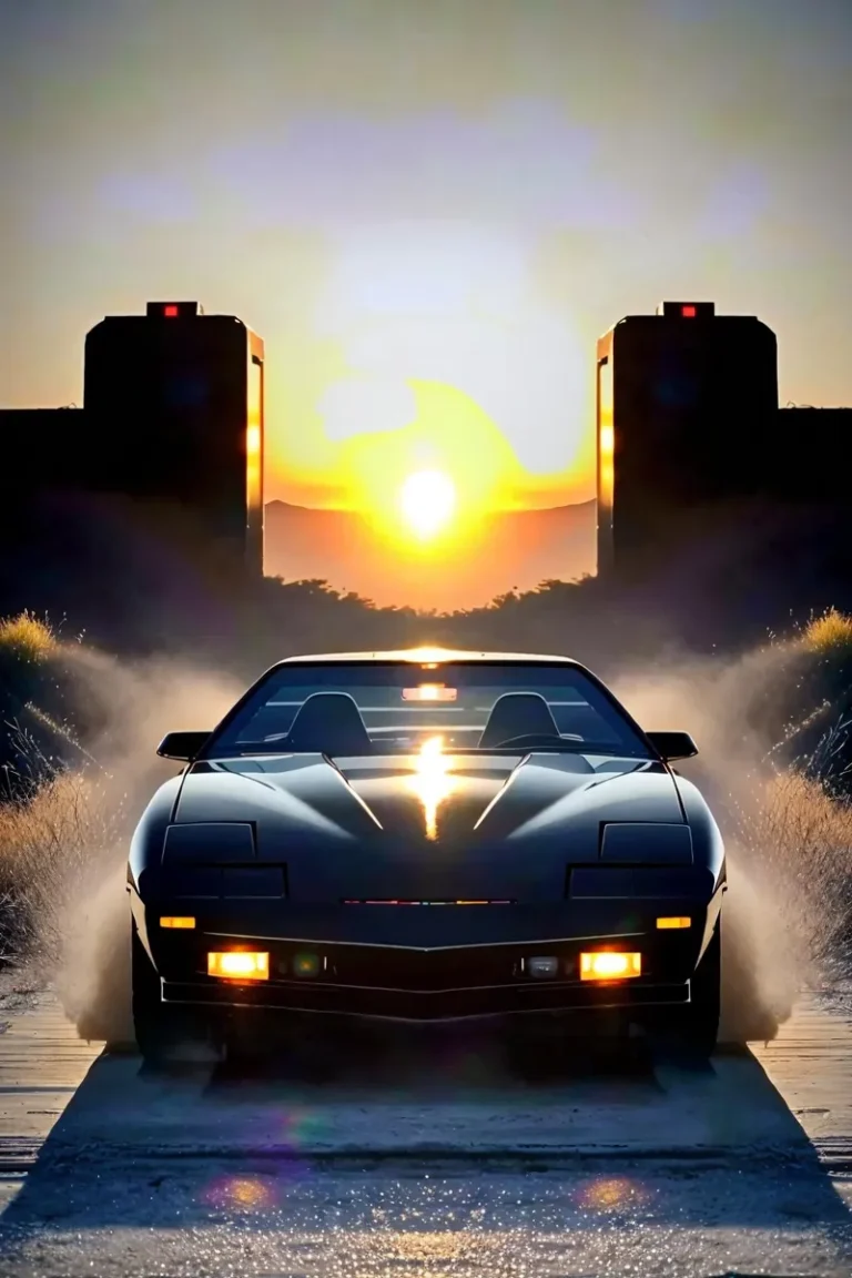 A retro sports car on a country road, approaching in a dramatic sunset, AI-generated image using Stable Diffusion.
