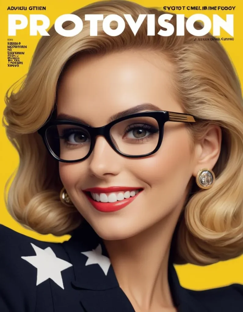 Retro style woman with blonde hair wearing black glasses and a dark jacket with white stars on a yellow background. AI generated image using Stable Diffusion.