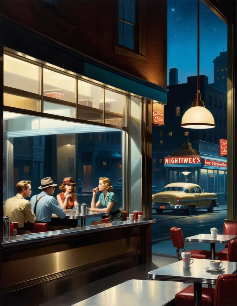 A retro 1950s diner scene at nighttime with people sitting at a counter and a vintage car outside. AI generated image using Stable Diffusion.