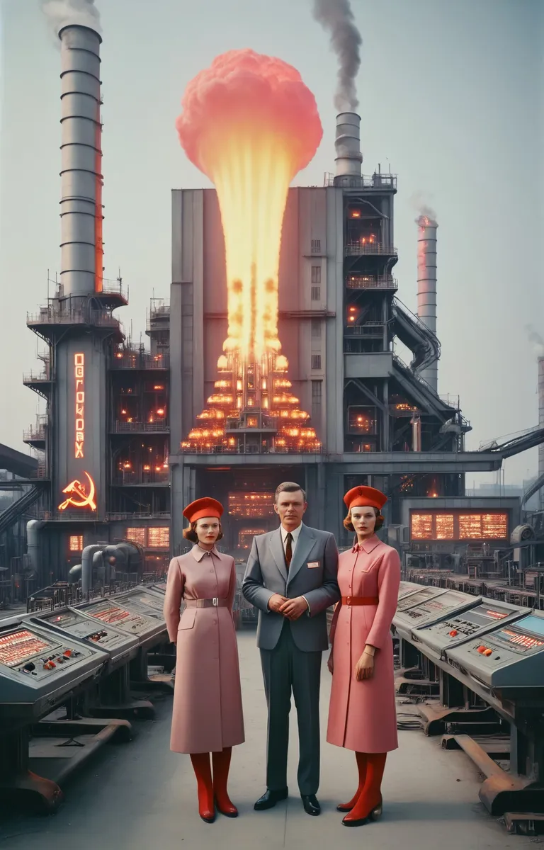 An AI generated image using Stable Diffusion showcasing a retro dystopian factory with a group of three people standing in the foreground. The factory has a giant explosion in the background, with a hammer and sickle neon sign on the building.