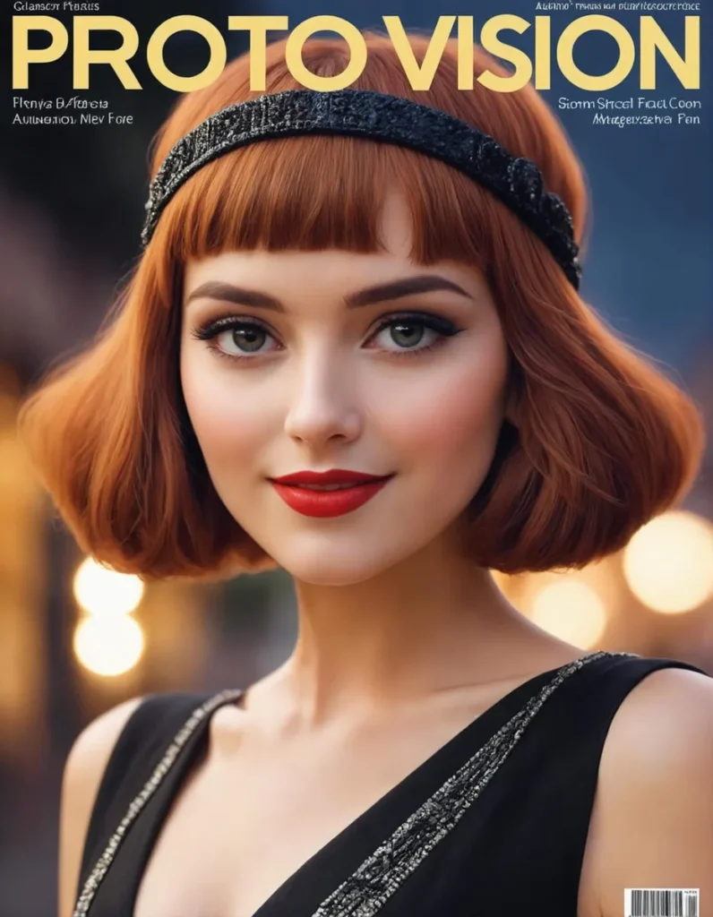 A stunning AI-generated image using Stable Diffusion, featuring a magazine cover with a beautiful red-haired woman dressed in a black outfit with intricate detailing, wearing a black headband, and posing with a serene expression and soft evening lights in the background.