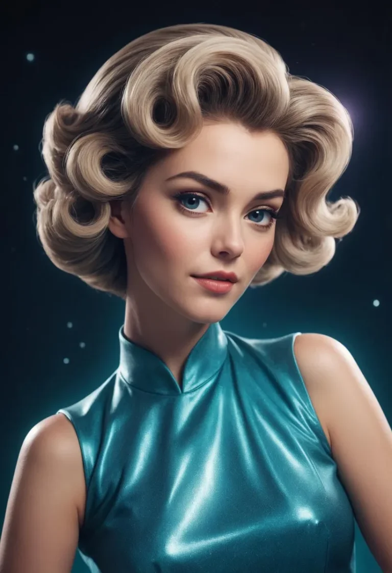 Retro portrait of a glamorous woman in a teal satin dress with vintage hairstyle, created using Stable Diffusion AI.