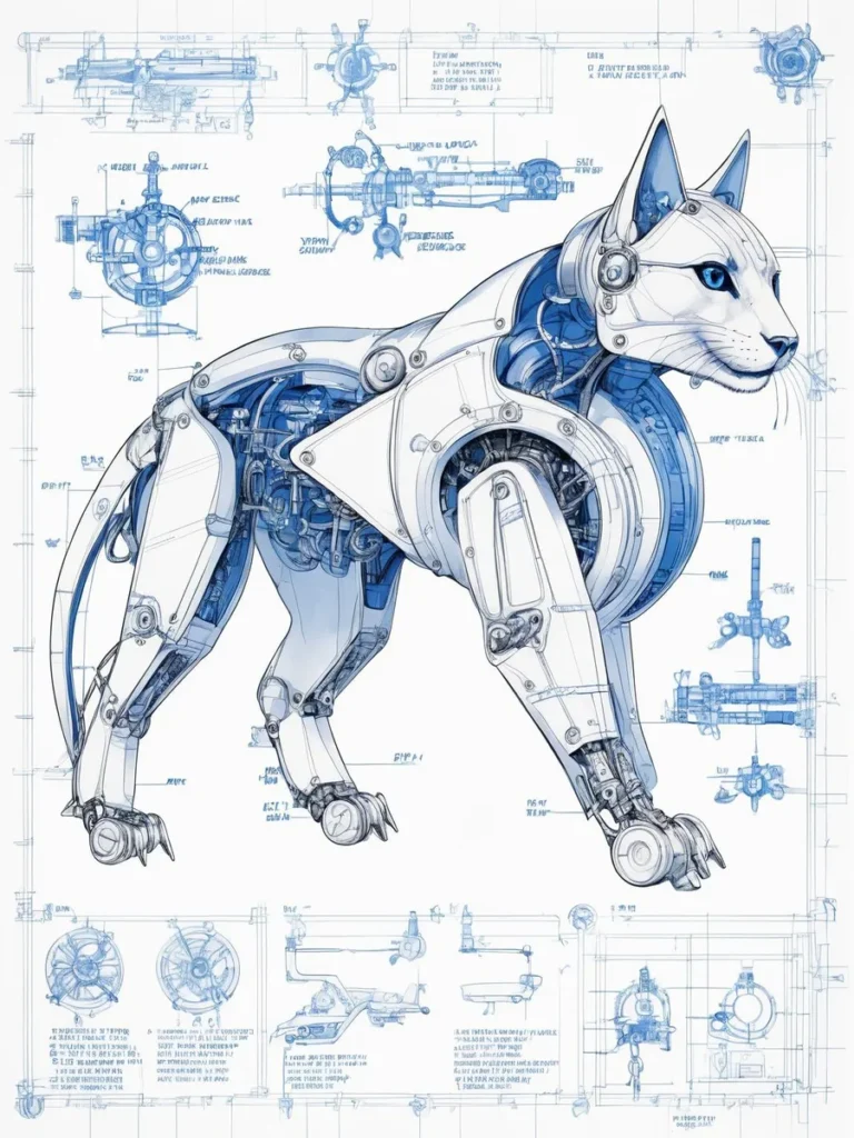 A detailed blueprint of a cybernetic feline, showcasing the inner workings and exterior design of a robot cat, generated using AI and Stable Diffusion.
