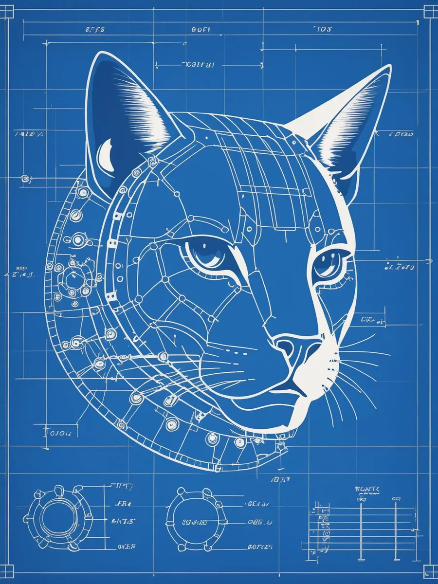 Detailed blueprint artwork of a mechanical cat's head created using AI with Stable Diffusion. The blueprint features intricate mechanical details and components sketched out against a blue grid background.