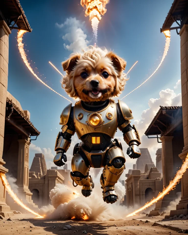 A robot dog dressed in a golden mecha suit amidst an ancient, dramatic backdrop. AI generated image using Stable Diffusion.