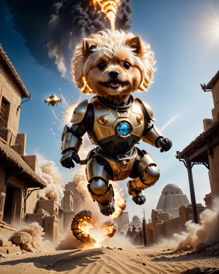 A robot dog dressed in futuristic armor amidst explosions in a cyberpunk city, created using Stable Diffusion AI.