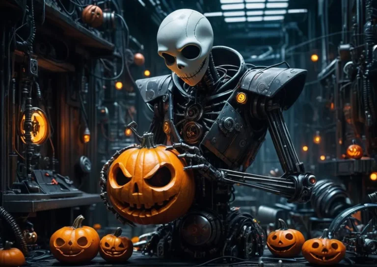 A steampunk style robot with an exposed mechanical torso and arms, carving a spooky Halloween pumpkin. Other carved pumpkins with various expressions are on display. This is an AI generated image using stable diffusion.