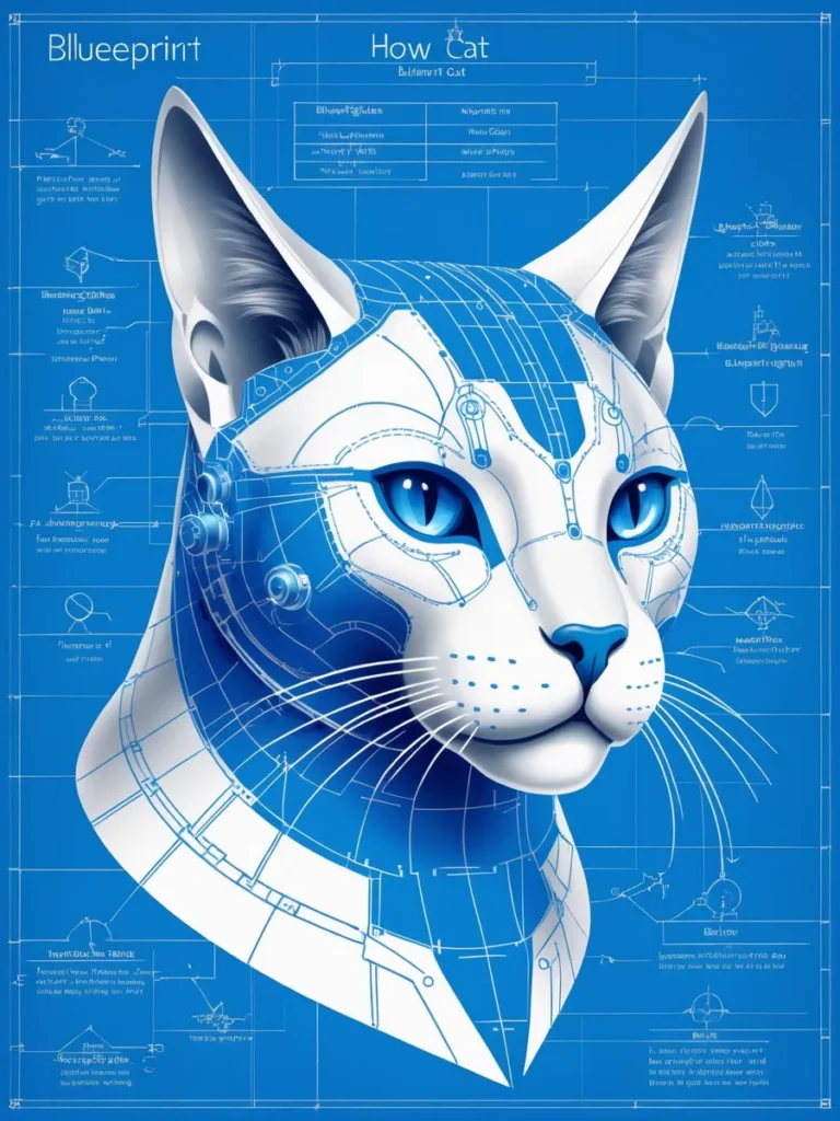 A robotic cat blueprint illustration created using Stable Diffusion. The image features a detailed, schematic-like design of a cat's head, primarily in blue and white tones, with mechanical and technical annotations around it.