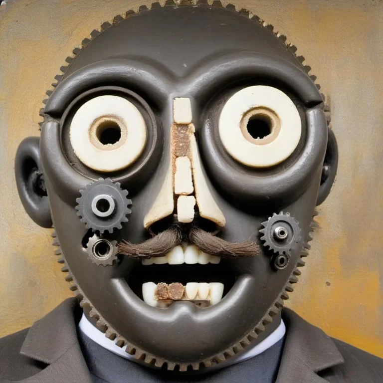 Close-up of an AI generated steampunk robot face using stable diffusion, featuring prominent gears, large circular eyes, and a mechanical mustache.