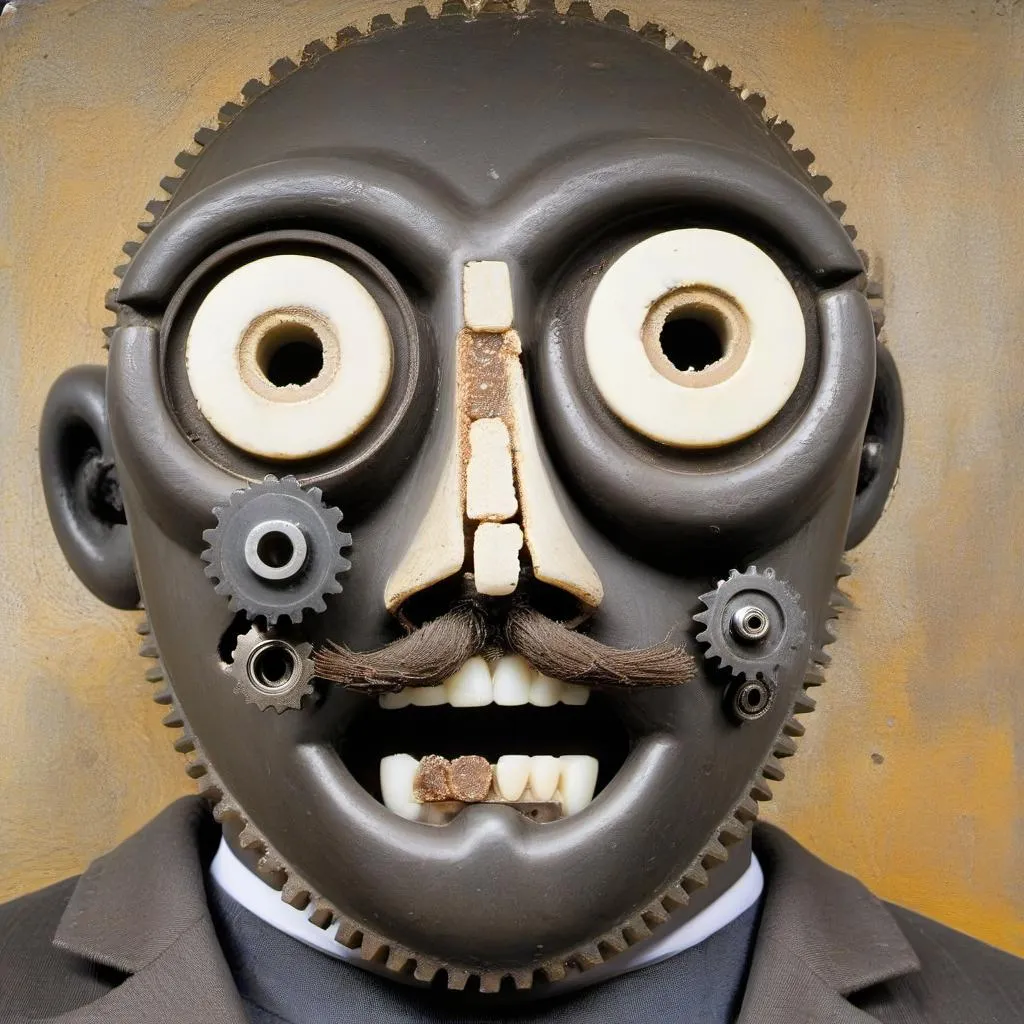 Close-up of an AI generated steampunk robot face using stable diffusion, featuring prominent gears, large circular eyes, and a mechanical mustache.
