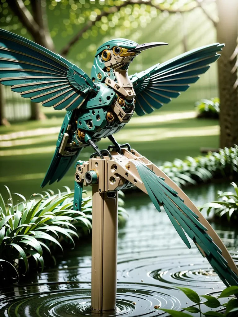 Robotic bird with teal and gold metal parts in a lush garden. AI generated image using Stable Diffusion.