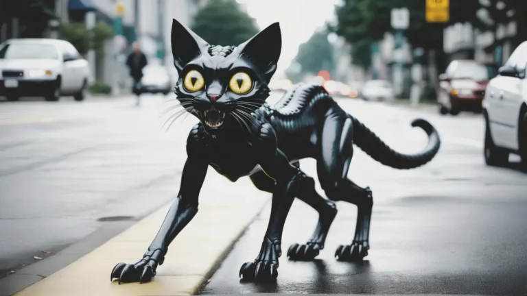 A highly detailed, AI generated image using Stable Diffusion of a robotic cat with yellow eyes, standing on a cyberpunk-styled street with blurred cars and pedestrians in the background.