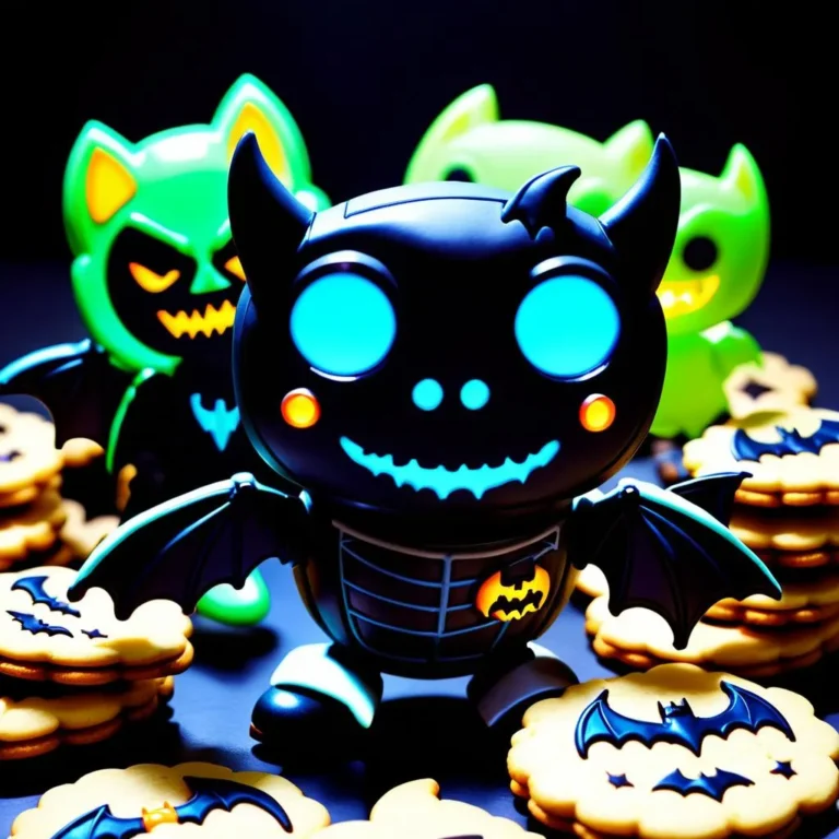 Robotic Halloween figures with glowing faces surrounded by bat-shaped cookies. This is an AI generated image using Stable Diffusion.