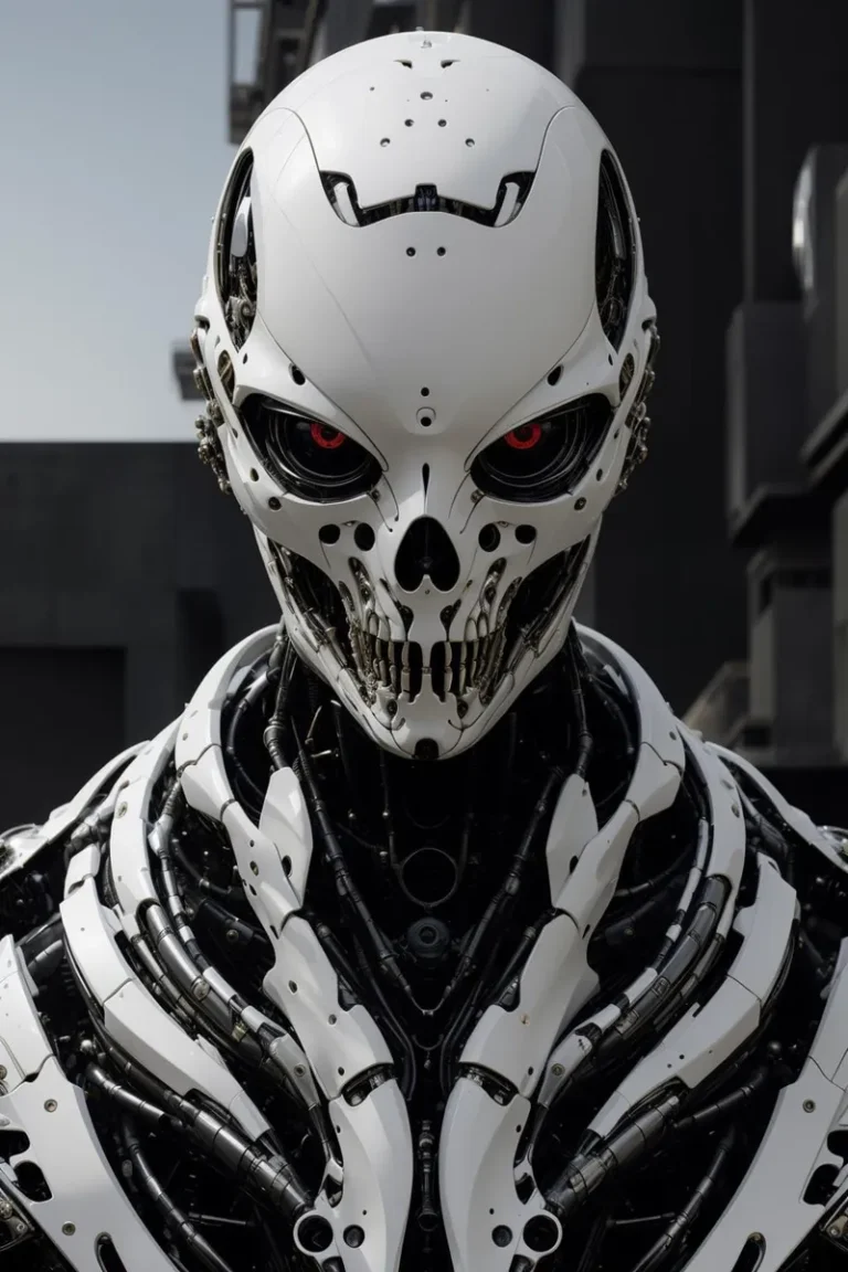 A robotic skull with intricate cybernetic design, emphasizing advanced engineering and futuristic aesthetics. This AI generated image using Stable Diffusion features red eyes and a complex array of mechanical components.