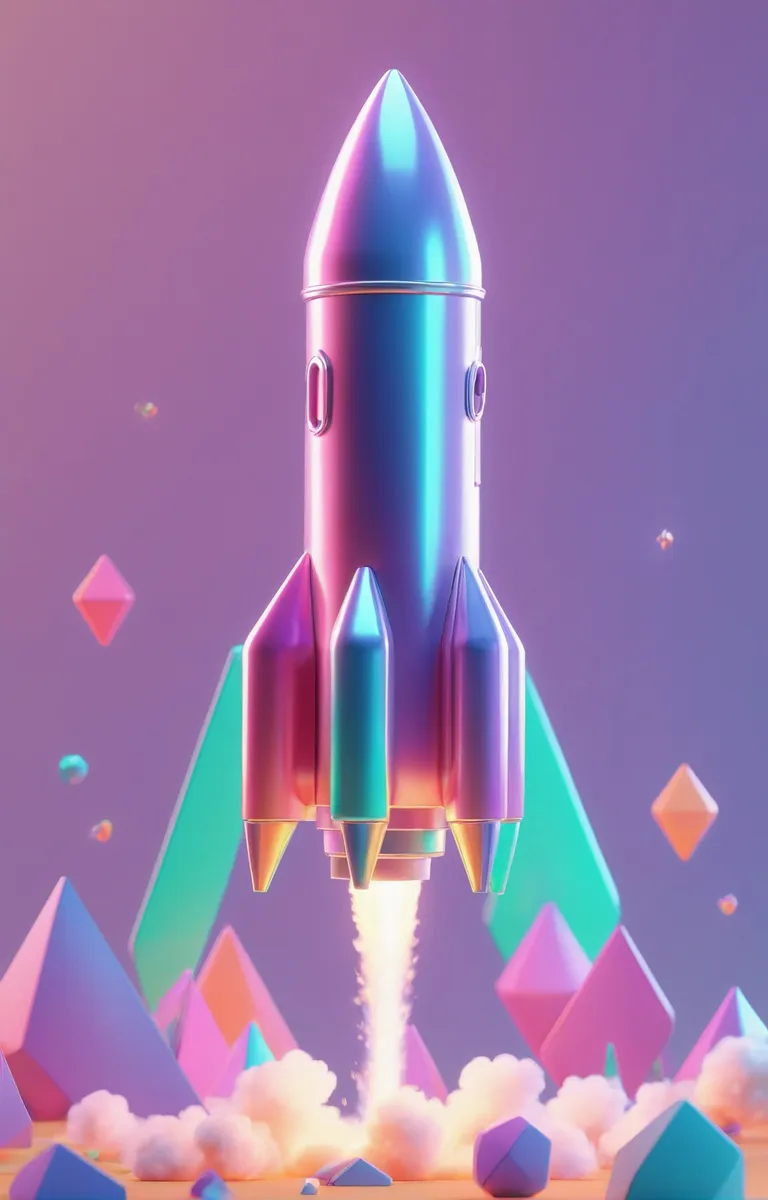A colorful AI generated image using Stable Diffusion showcasing a rocket launch with soft pastel colors and geometrical shapes.