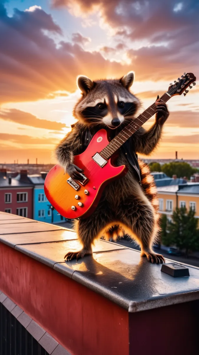 AI generated image of a raccoon dressed as a rockstar, playing a red electric guitar on a rooftop during a sunset created using Stable Diffusion.