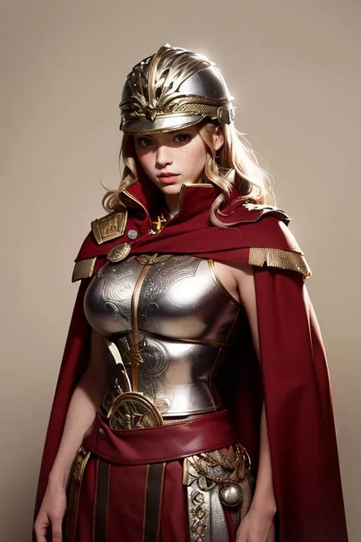 A female warrior dressed in elaborate Roman armor and a crimson cape, an AI generated image using Stable Diffusion.