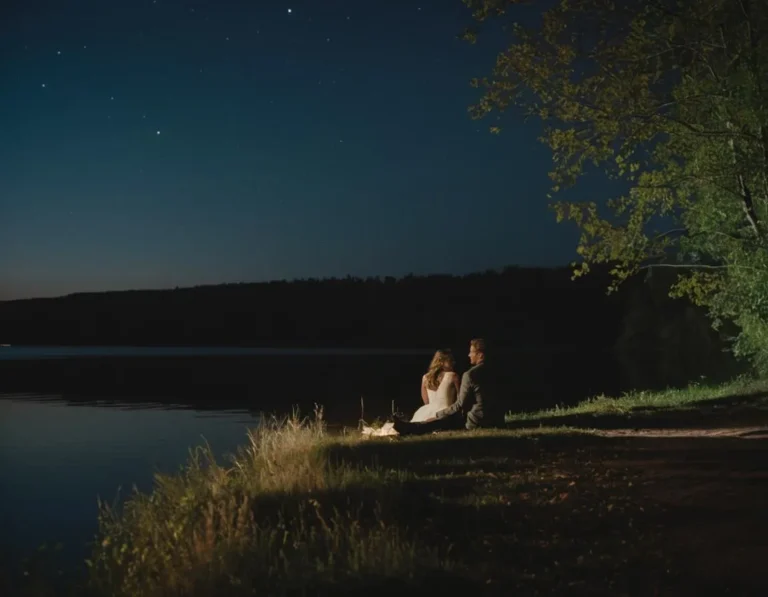 A romantic lakeside evening under a starry sky, created using Stable Diffusion AI