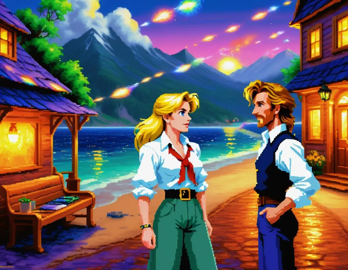 A beautiful scene depicts a romantic encounter between two individuals on a beach at sunset in pixel art style. This is an AI generated image using stable diffusion.