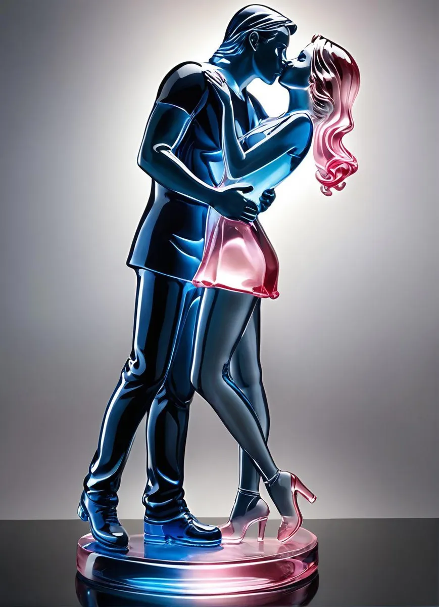 A romantic couple made of glass in an embrace. The glass sculpture features a man holding a woman with her hair flowing and her dress illuminated. AI generated image using Stable Diffusion.
