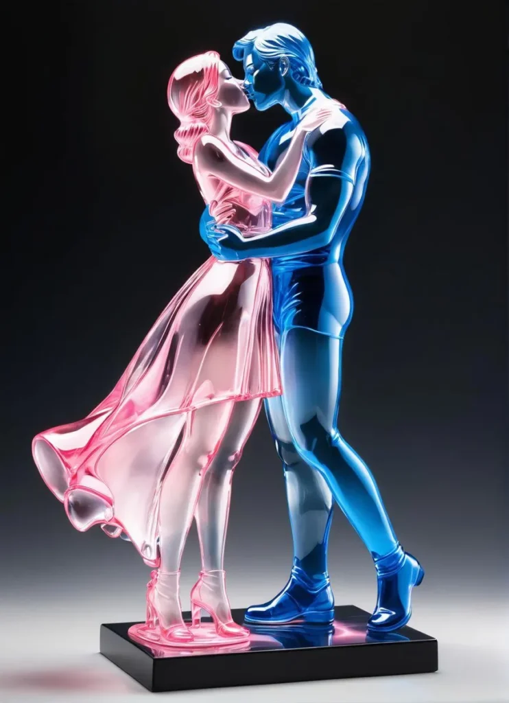 A glass sculpture of a couple sharing a romantic kiss, one figure in pink, the other in blue, with LED lighting. Emphasize that this is an AI generated image using stable diffusion.