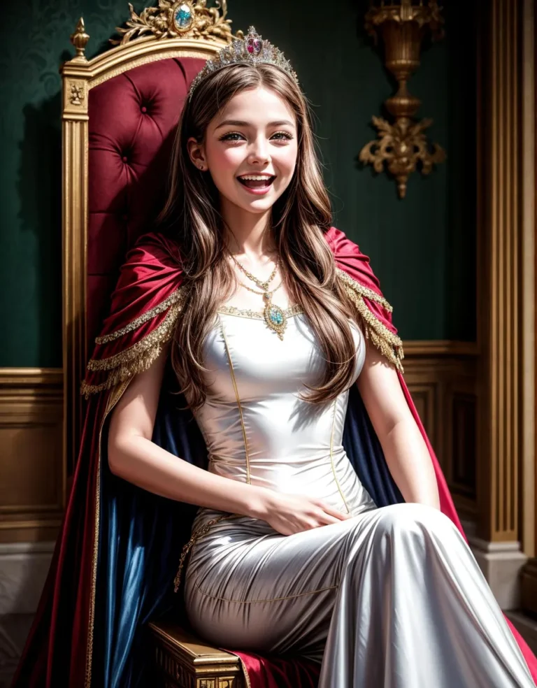 Photorealistic portrayal of royal princess in extravagant dress with red and gold cape sitting on a throne. This is an AI generated image using stable diffusion.