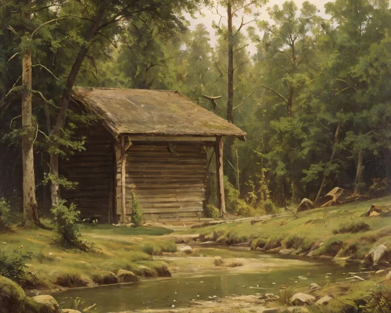 A beautifully crafted image of a rustic cabin in a dense forest, created using AI and Stable Diffusion.