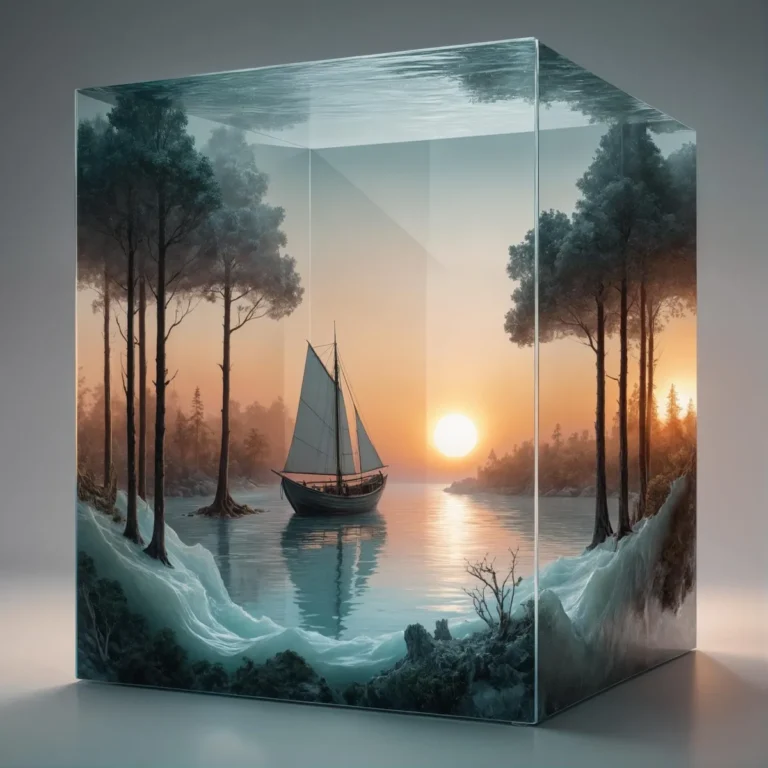 A sailboat floating on a calm lake during sunset, with the scene encapsulated in a transparent cube. AI generated image using Stable Diffusion.