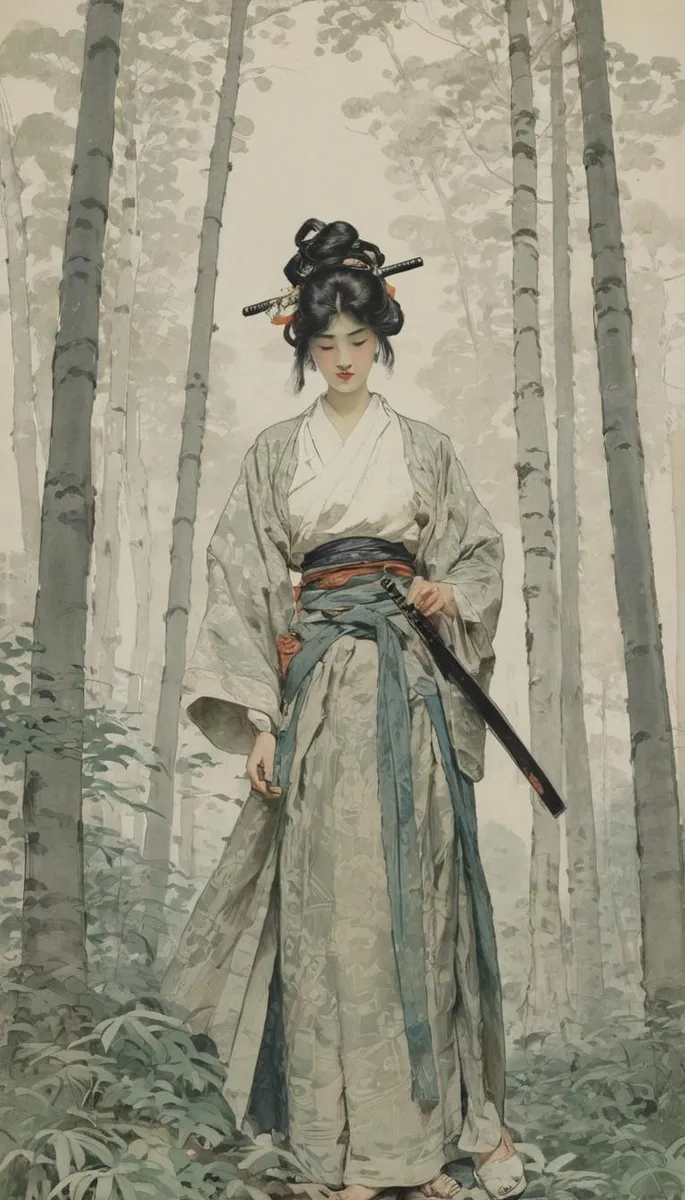 A beautiful illustration of a female samurai, dressed in a traditional kimono, holding a katana and standing in a serene forest. AI generated image using Stable Diffusion.