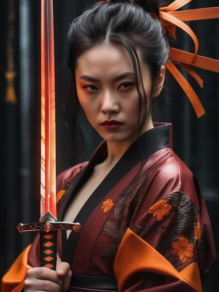 Samurai woman with glowing katana, dressed in traditional attire, an AI generated image using Stable Diffusion.