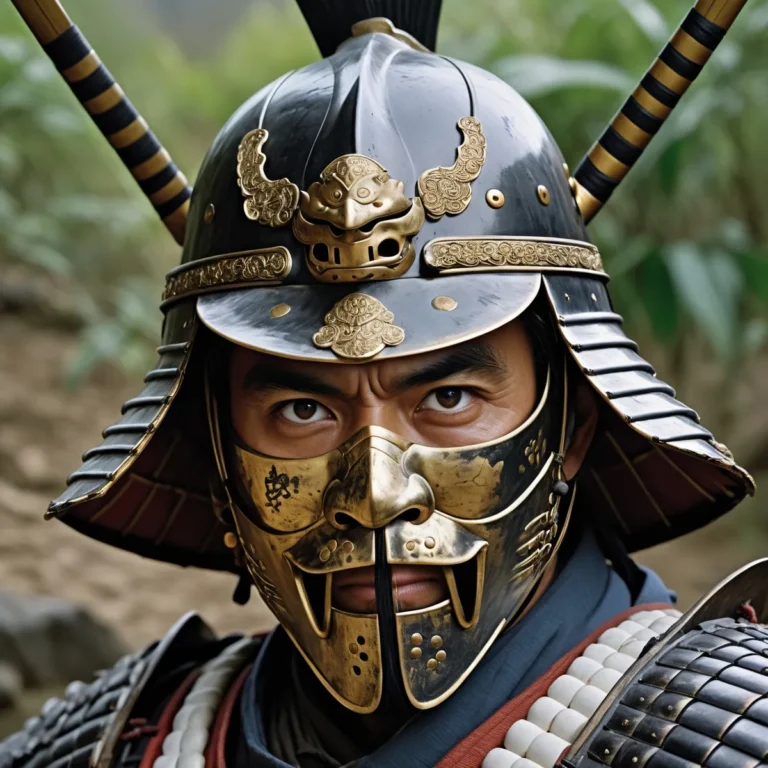 Close-up of a samurai in traditional black and gold armor, generated using Stable Diffusion AI.